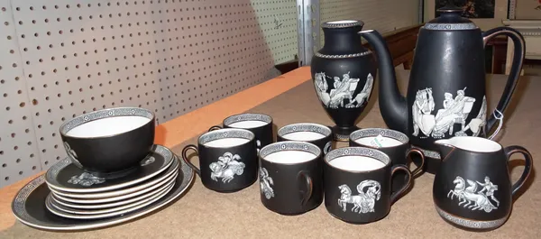 An F & R.Pratt porcelain coffee service, late 19th century, printed with a `Greek' pattern against a black ground, comprising; coffee pot and cover, m