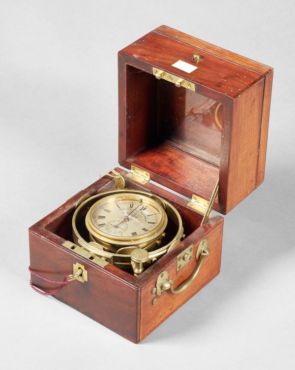 A small mahogany cased two-day marine chronometerBy Parkinson & Frodsham, London, No. 768, circa 1825The case with plain hinged cover, above glazed li