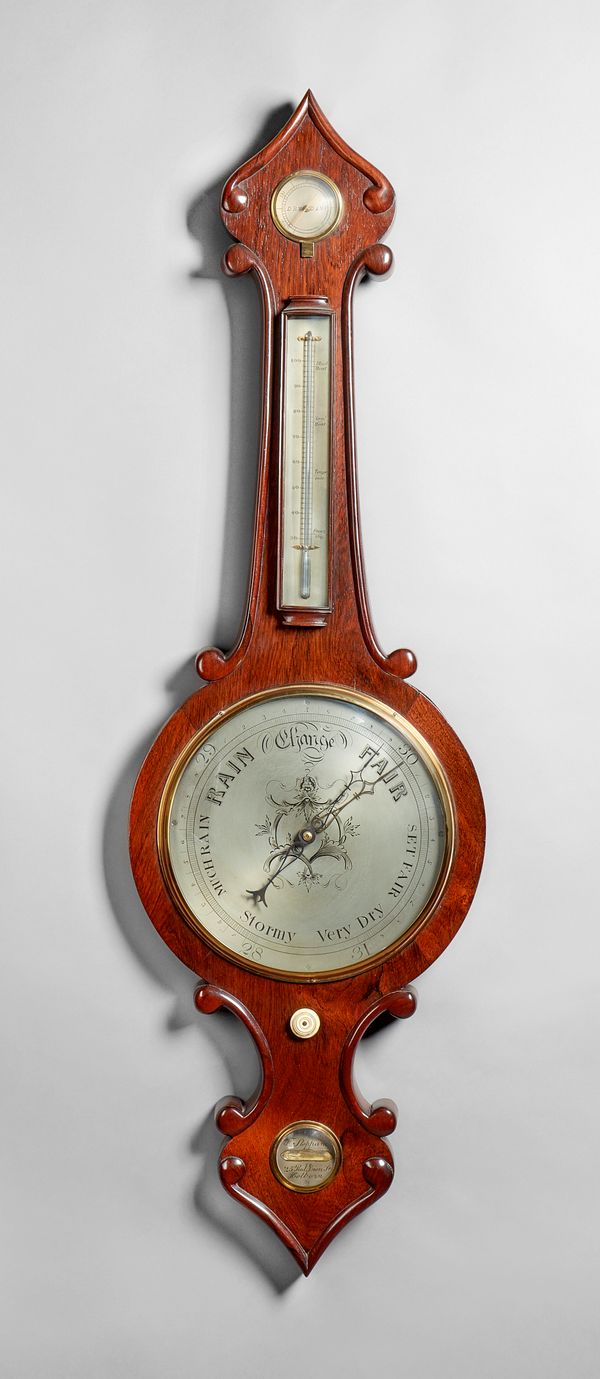 A Victorian rosewood wheel barometerBy F. Stoppani, HolbornWith an arched top inset with a hydrometer scale above a bow-fronted thermometer with silve