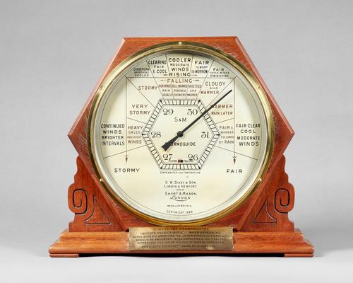 An unusual walnut cased hexagonal 'Stormoguide'By Short & Mason, for C. W. Dixey & Son, London & Newport, circa 1930The chamfered octagonal case suppo