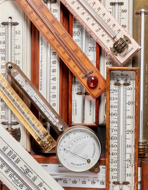 A collection of twelve various thermometersIncluding a brass Polymetre Lambrecht; a marine ivory thermometer scale with later tube;  a brass scale the