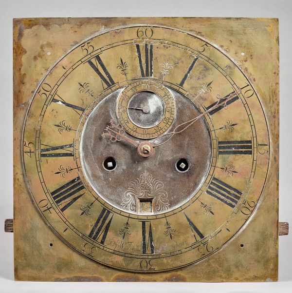 A George I longcase clock movementBy Stephen Wilmott, LondonThe 12in. square brass dial, lacking spandrels, with seconds subsidiary and calendar apert