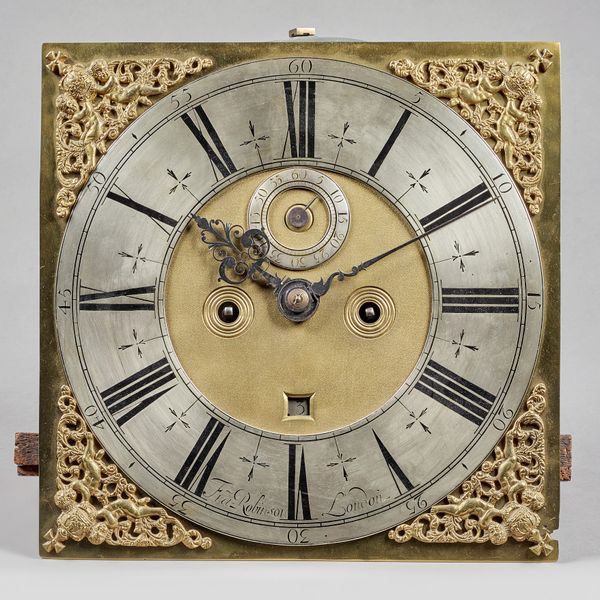 A George II longcase clock movementBy Francis Robinson, LondonThe 12in. square brass dial with cherub, crown and Maltese Cross spandrels, the silvered