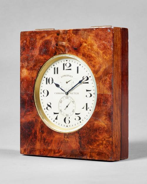 A keyless deck watch By Longines, No. 7320310, circa 1947, with later walnut caseThe brass watch case with a screwed bezel and bevelled glass, silvere