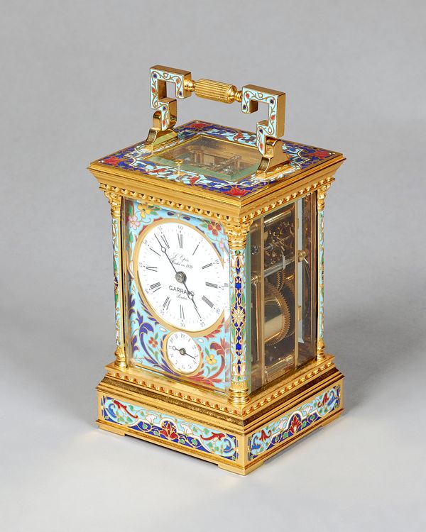 A French gilt brass and cloisonné enamel repeating carriage clock with one-minute tourbillon escapementBy L'Epée for Garrard, London, circa 1990The gl