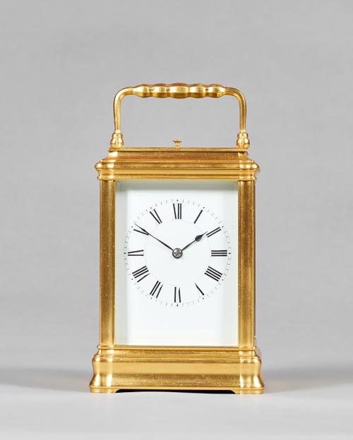A French gilt brass carriage clock Possibly by Henri Jacot, Paris, circa 1890The Gorge case with a large square top bevelled glass and four further be