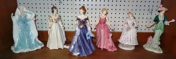 A modern Royal Worcester set of limited edition figurines; The Village Bride, Lauren, Mia, Snow Queen, Queen Elizabeth by Martin Evans, Seasons of Rom