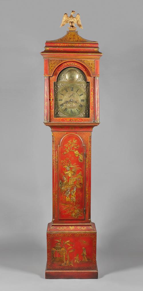 A parcel-gilt red lacquer longcase clockMid 18th century and laterThe movement by Thomas May, HerefordThe arched case surmounted by a gilt eagle with