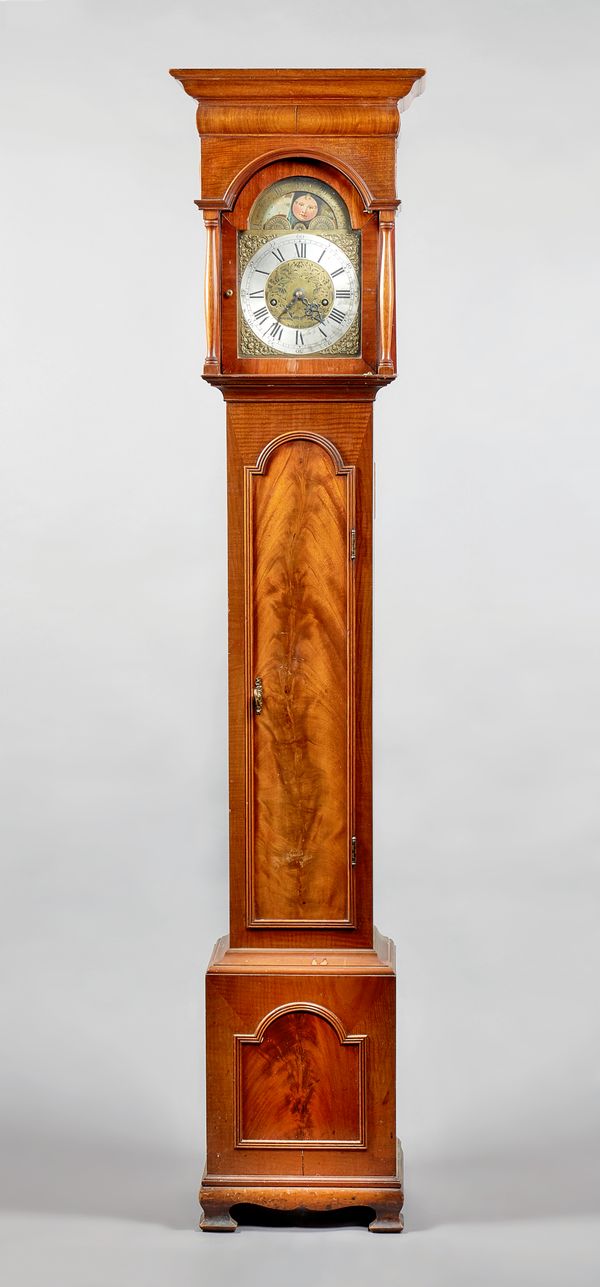 A mahogany longcase clockof small size, Circa 1930The hood with a stepped rectangular pediment, above a glazed door flanked to each side by a column,