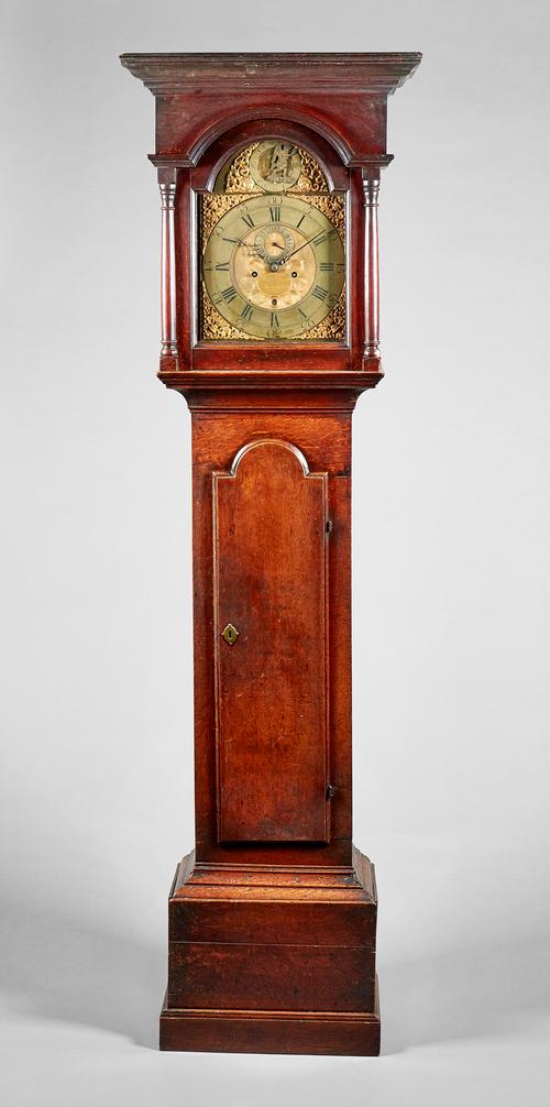 A George II oak longcase clock The movement by John Inkpen, HorshamThe case with a moulded pediment above a glazed panel door, flanked to each side by