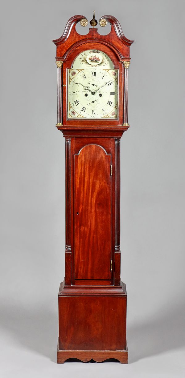 A George III Scottish mahogany longcase clockWilliam Chisholm, AberdeenThe case with a swan neck pediment, surmounted by a finial, above a glazed arch