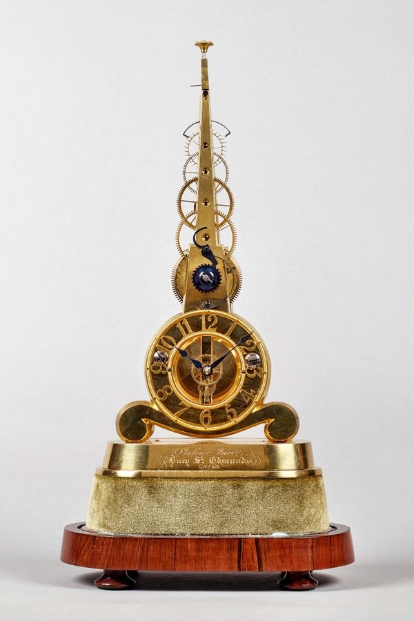 A rare and unusual pyramidical brass skeleton timepiece of eighteen-day durationBy John Pace, Bury St. Edmunds, No. 253, circa 1855The cast frame of g