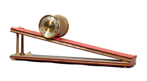 A brass, red perspex and leather-lined inclined plane timepieceDent, London, by Andrew Fell, dated 1973 The drum-shaped case with silvered chapter rin