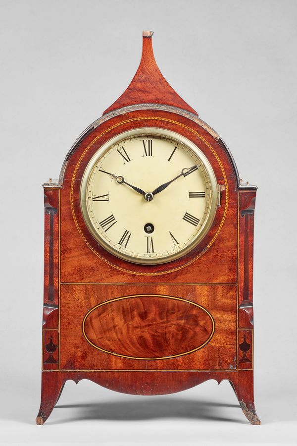 A George III mahogany, chequer strung and outlined mantel timepiecePossibly of long duration, circa 1790The broken arched case with a square tapering