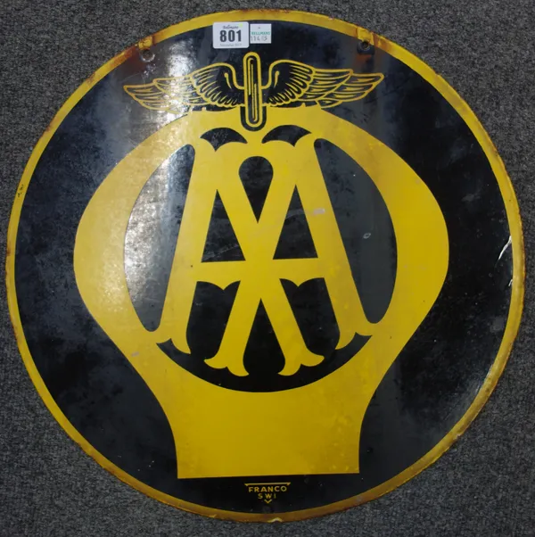 A double sided 'AA' enamel advertising sign of circular form, black and yellow, 'Franco SW1', 46cm diameter.