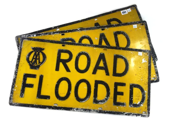 Three 'AA' 'Road Flooded' metal signs, black and yellow, of rectangular shape, 61cm x 31cm, (3).