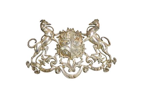 A George III silvered pewter carriage coat of arms for Adam Duncan, 1st Viscount Duncan (1731-1804),  inscribed papel label attached, 23cm wide. Illus