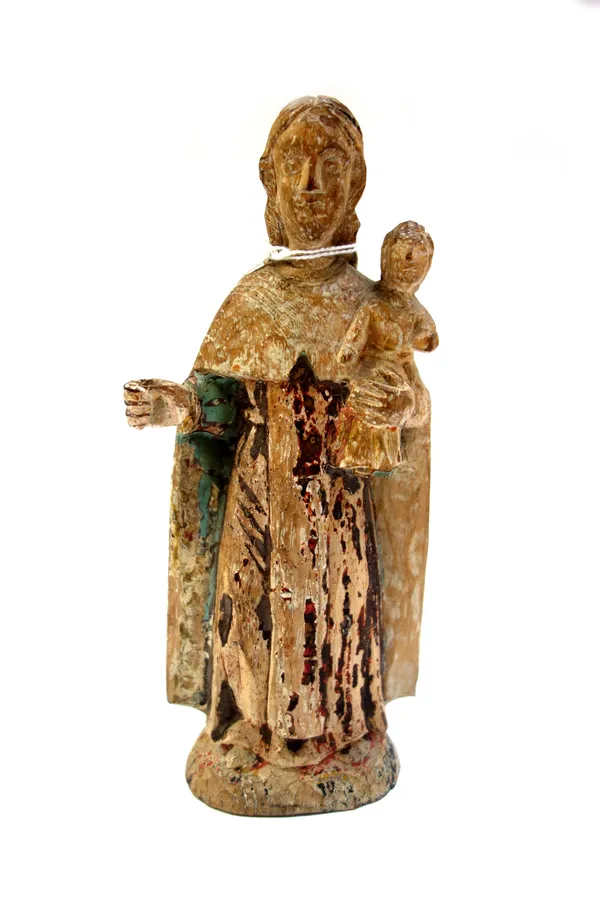 A small painted wood Madonna and child, 18.5cm.