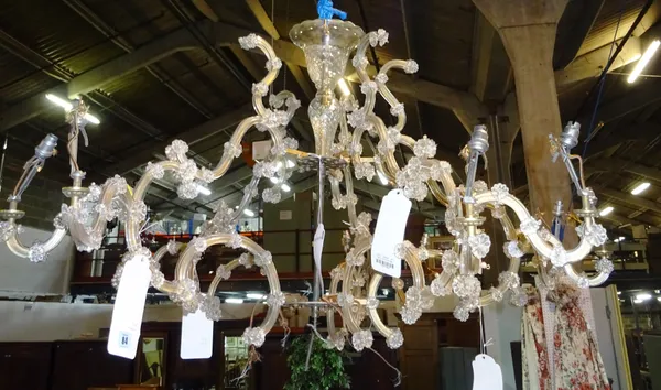Restoration Interest; a large three branch glass and chrome chandelier and a small modern stone monk. (2) HANG/CAB