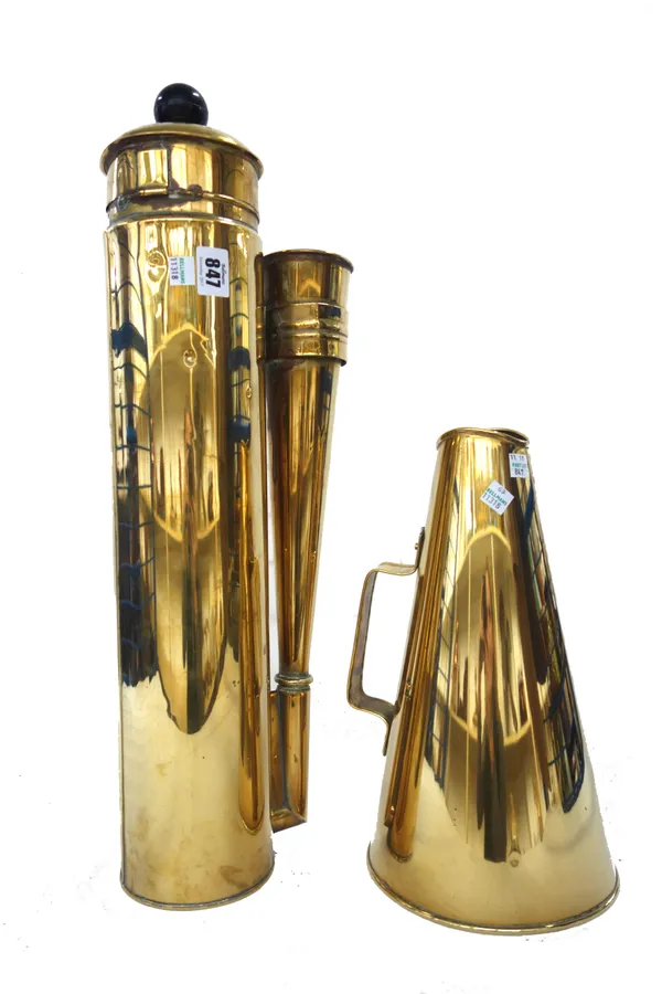 A brass cylindrical car horn, early 20th century, with side mounted conical funnel (53cm) and a brass loud hailer of conical form (32cm), (2).