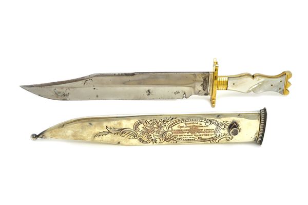 A massive steel hunting knife by Broomhead & Thomas, 'Celebrated American hunting knife', with single edged steel blade (32cm), brass and mother of pe