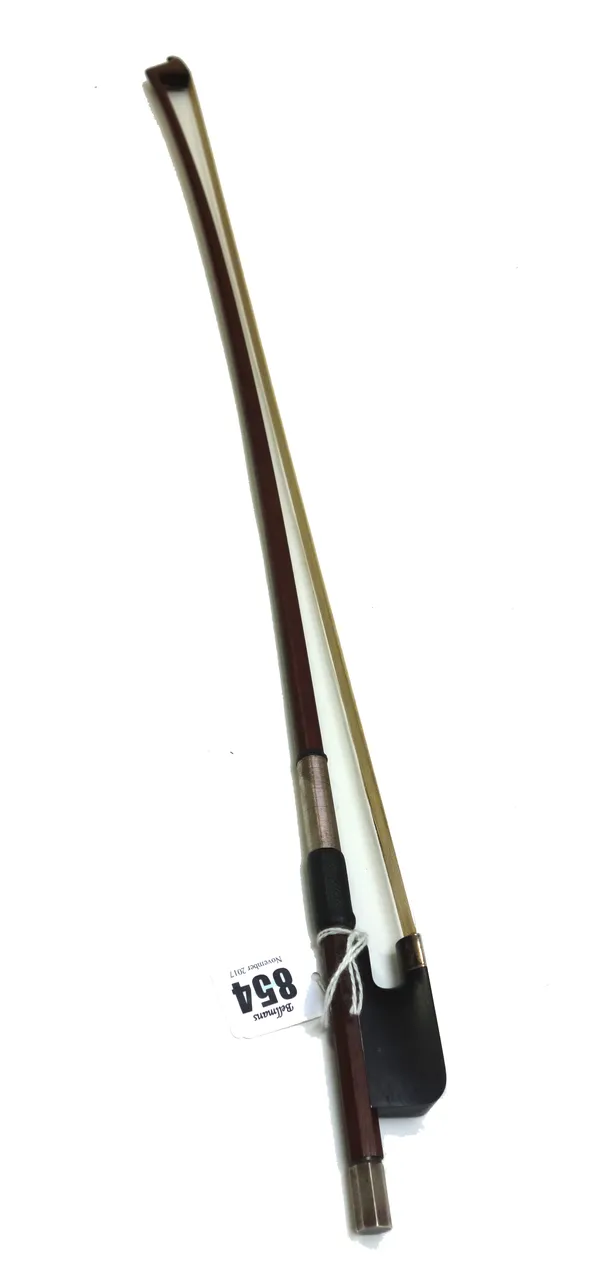 A vintage mahogany Finkel Atelier cello bow, with white metal and rosewood mounts, stamped 'Finkel Atelier', to the handle, 72cm long.