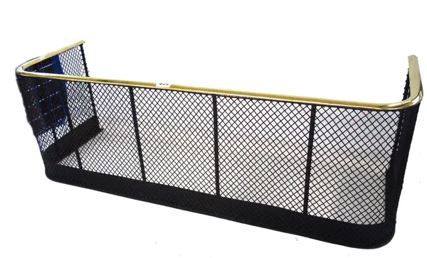 A Victorian brass and wire mesh fire guard, with brass curved top rail and ebonised metal mesh (99cm wide) and a matching smaller brass and mesh fire
