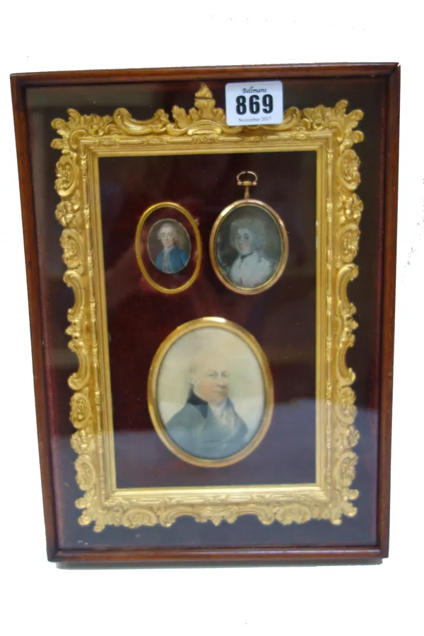 A set of three late 18th century English School portrait miniatures mounted in common frame comprising; watercolour on ivory of William Birch of Writt