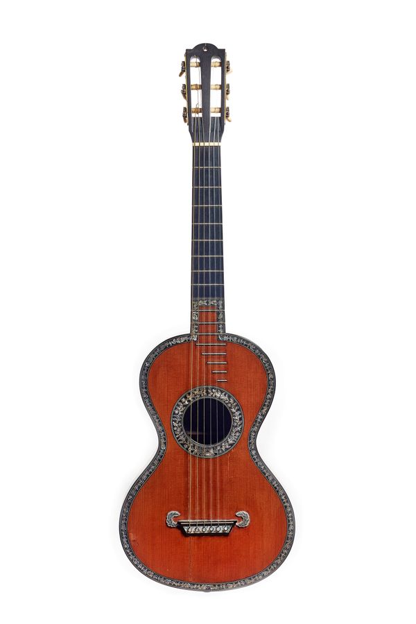 A six string French guitar by Rene Lacote, Paris, circa 1830, labelled 'Rue de Louvois, No.10, Lacote, Luthier, a Paris annee 182-', with satinwood ba