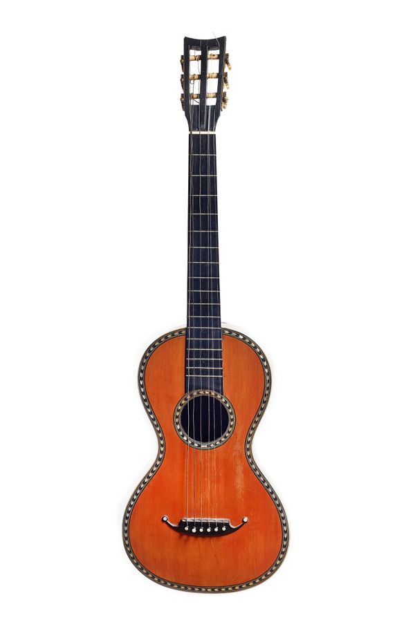 A six string guitar by 'Paterson Sons & Co, 152 Buchanan St, Glasgow', with stained satinwood back and sides, spruce soundboard with mother-of-pearl d