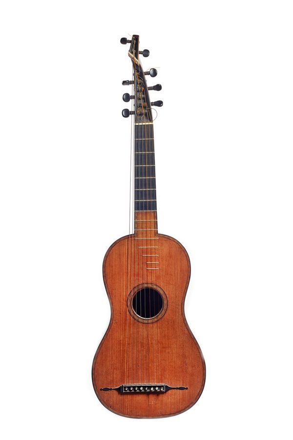 An eight string French theorbo guitar by Moitessier a Mirecourt, 1808, with interior paper label, maple back and sides, an inlaid spruce soundboard, e