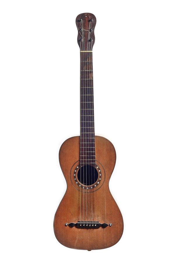 A six string parlour guitar, 19th century, with satinwood back and sides, spruce and mother-of-pearl inlaid soundboard, rosewood neck with eighteen fr