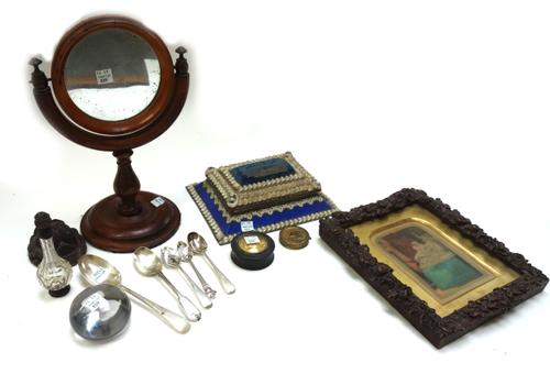 A Victorian sewing box 'A present from the Crystal Palace' sea shell encrustation against a blue card ground (20cm wide), a small print 'Lion in love'