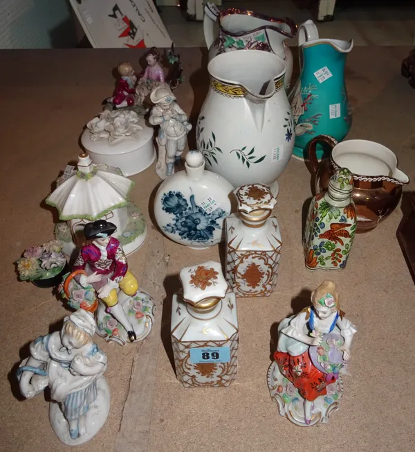 Ceramics, including; Continental porcelain figures, a transfer printed turquoise dog, a Coalport night light and sundry. (qty) S1