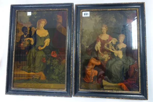 A pair of Victorian prints simulating reverse painted glass pictures (34cm x 24cm), a smaller oval picture and three further including a business card