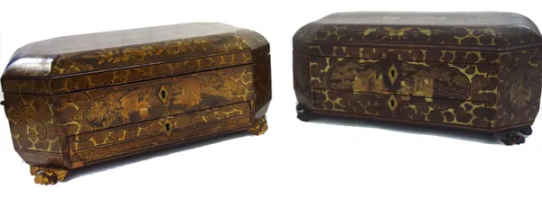 A Chinese export parcel gilt sewing casket, circa 1900, of canted rectangular form with a hinged lid opening to reveal a fitted interior, over a friez