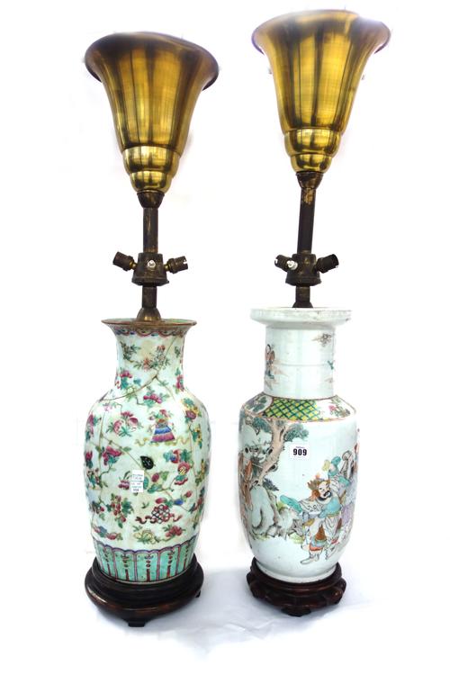 A Chinese famille verte porcelain lamp base,19th century, decorated all over with Chinese immortals, on a wooden base, the vase 46cm high, together wi