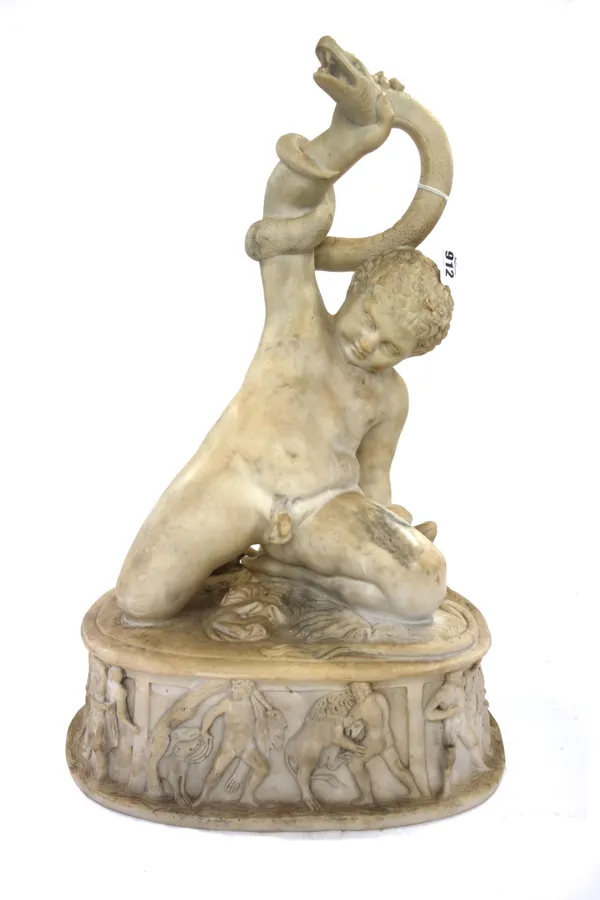 A modern faux marble centrepiece modelled as the infant Hercules wrestling a snake on a lion skin and a shaped base relief carved with further Hercule