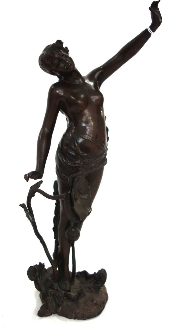 A patinated bronze Art Nouveau figure, circa 1900, modelled as a naked fairy amongst flowers, signed to the cast 'Rosse' (a.f), 31cm high.