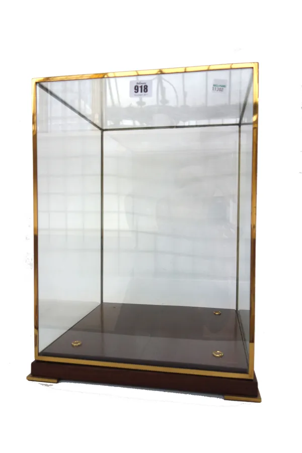 A mahogany brass and glass rectangular display case, 43.5cm high, one further (lacking base) with dome top, a circular striated marble plinth of turne