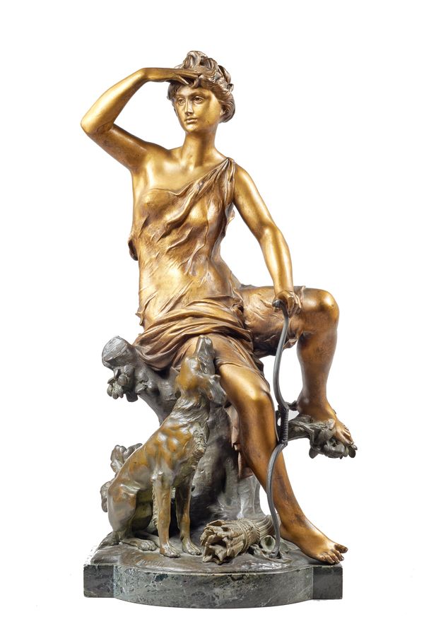 Luca Madrassi (Italian 1848-1919) a gilt and patinated bronze figure group, late 19th century, modelled with Diana the Huntress with bow and quiver of
