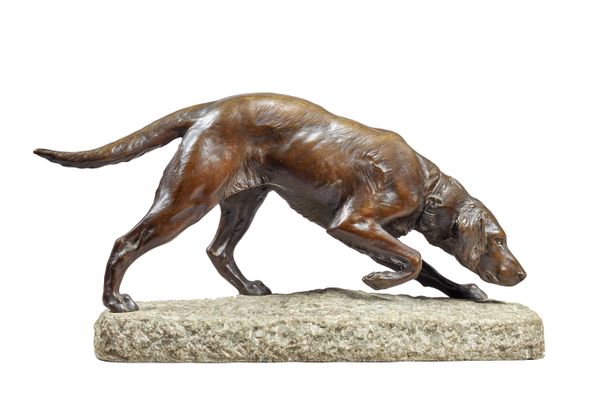 Georges Gardet (French 1863-1939) late 19th century, a patinated bronze figure of a retriever dog, modelled on a stone plinth, signed GEORGES GARDET,
