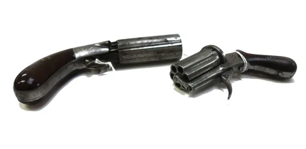 An early 19th century six shot pepper pot revolver, with steel cylindrical barrel (8cm long), ring trigger, engraved steel body and a two piece wooden