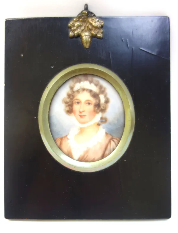 A 19th century portrait miniature on ivory, detailed 'Mrs Mosse' to the rear, the frame 11.5cm x 9.5cm.