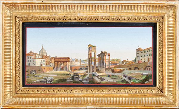 A mid-19th century Italian micromosaic panel of The Roman Forum in the manner of Domenico Moglia, centred by the Temple of Saturn and the three surviv