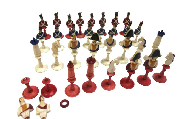 An unusual French stained and painted part bone chess set, late 19th century, each piece carved as the bust of a military officer, (a.f). King 7cm hig
