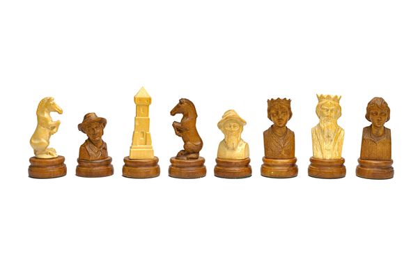 A Swiss stained softwood figural part chess set, 20th century, each piece carved as a bust, including King, Queen and attendants, (a.f), King 8.5cm hi
