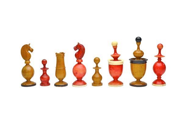 A 'Lyon' pattern fruitwood and stained ivory chess set, late 19th century, the Kings and Queens of turned knopped form, (a.f), King 9cm high.  Illustr