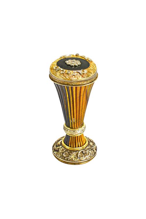 A Tiger's eye and rose cut diamond set desk seal, modern, of oval outline, the top with a black enamel panel centred by a diamond cluster setting, eng