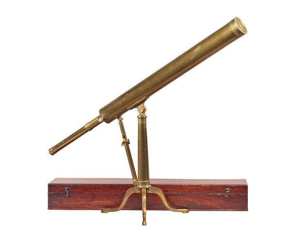 A Ramsden 3 inch brass telescope, 19th century, with height adjustment on a folding tripod stand, (tube 95.5cm) with fitted mahogany case and spare ey